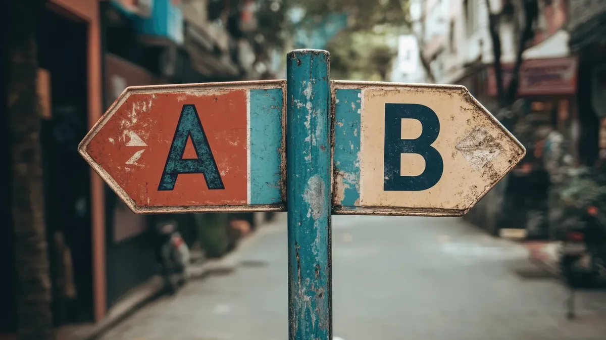 A street signpost with one arrow marked A and the other marked B