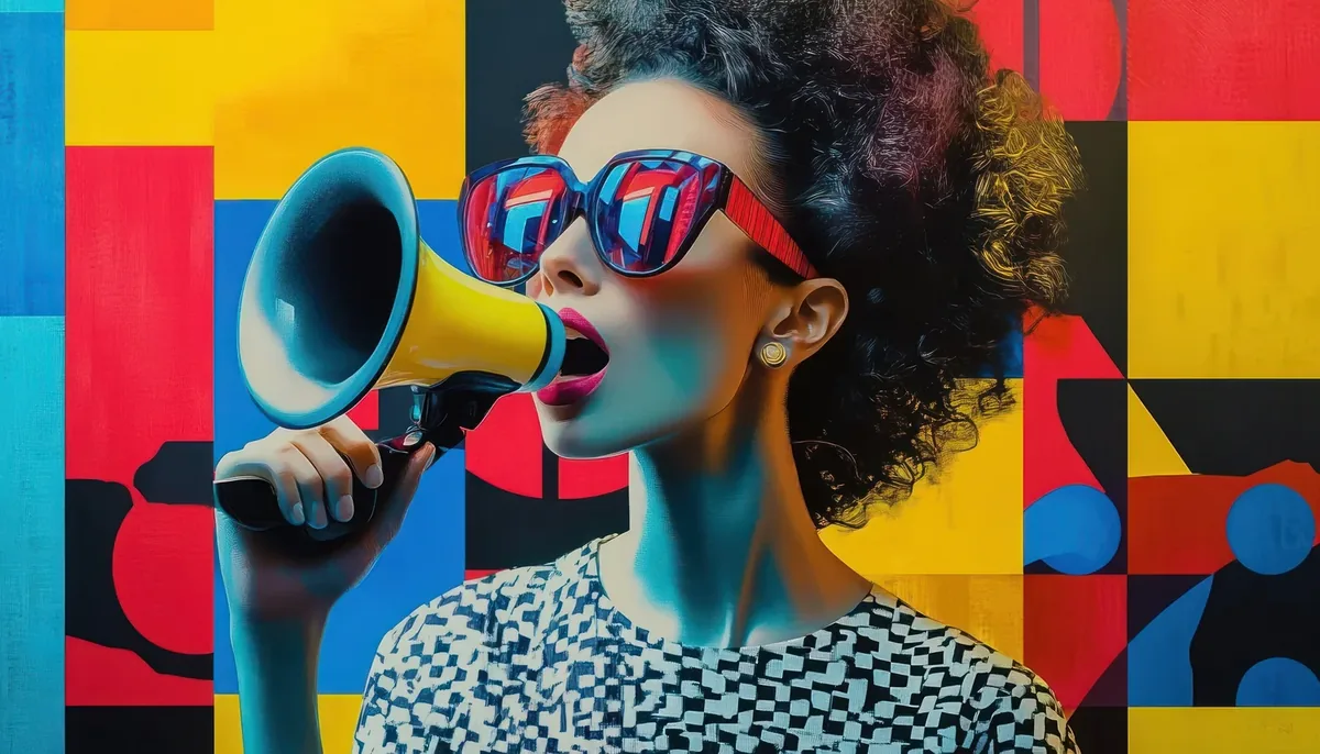 A woman in bold sunglasses shouting into a yellow megaphone in front of a colorful geometric wall