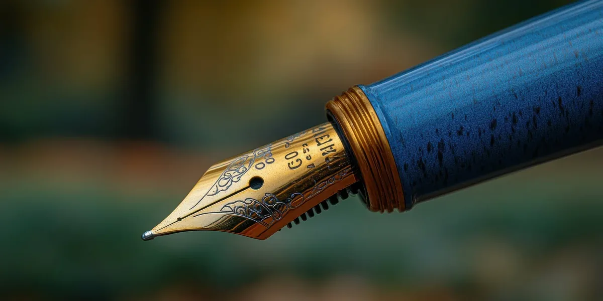 Close-up of a blue and gold fountain pen nib