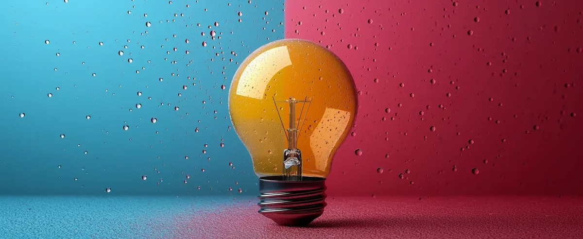 A glowing orange light bulb standing on a surface split between blue and red backgrounds