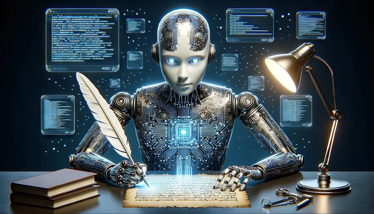 A humanoid robot writing with a quill pen at a desk lit by a lamp, surrounded by floating data screens