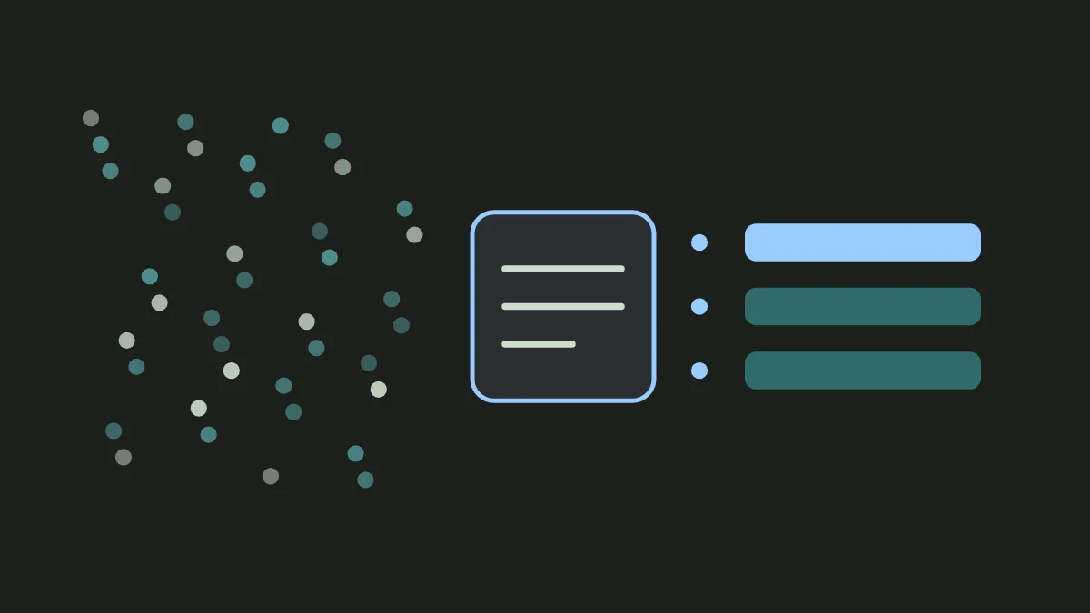 Abstract illustration: many small teal dots flow into a light-blue answer box, and only three dots continue out the other side into a short list.
