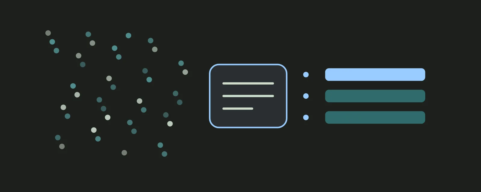 Abstract illustration: many small teal dots flow into a light-blue answer box, and only three dots continue out the other side into a short list.