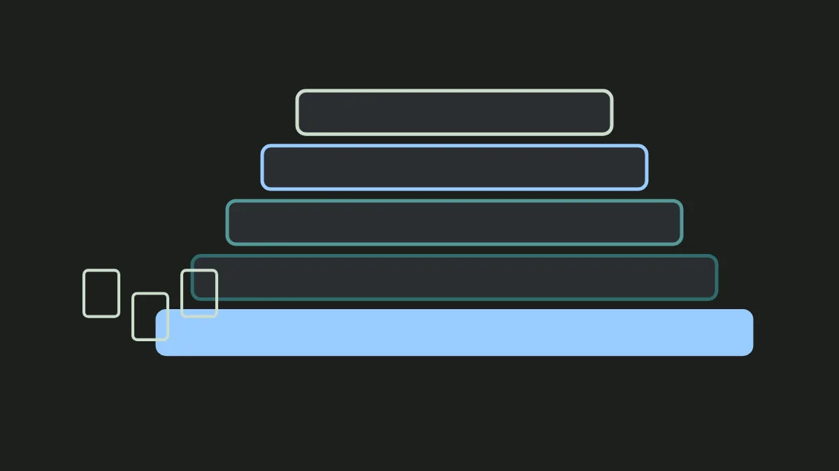 Abstract illustration: five stacked horizontal layers in teal and sage, the bottom layer glowing light blue, with small document shapes feeding into it from the side.