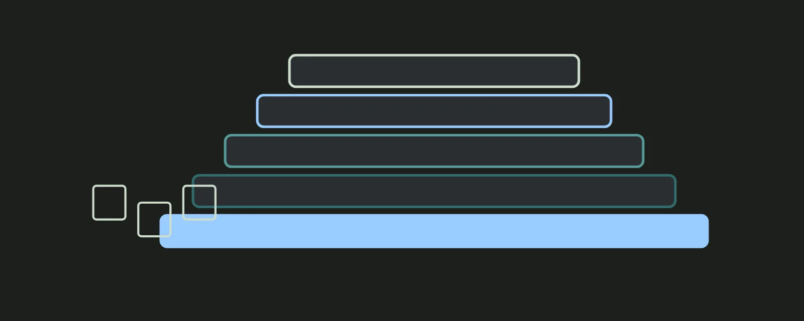Abstract illustration: five stacked horizontal layers in teal and sage, the bottom layer glowing light blue, with small document shapes feeding into it from the side.