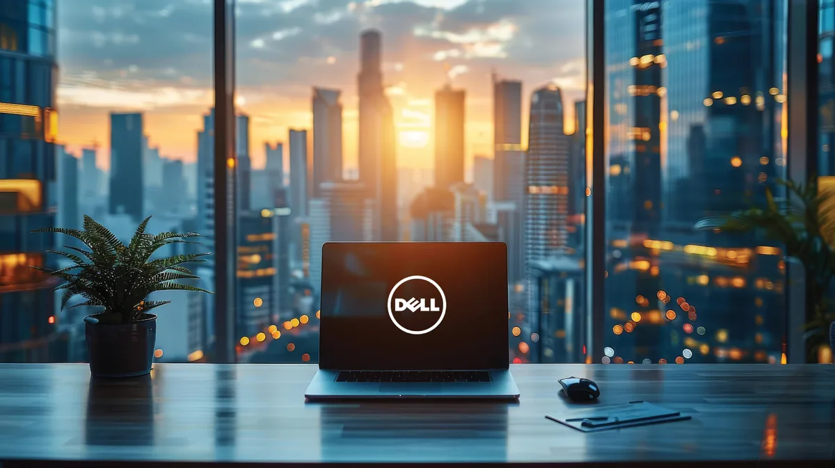 A Dell laptop on a desk in front of a city skyline at sunset