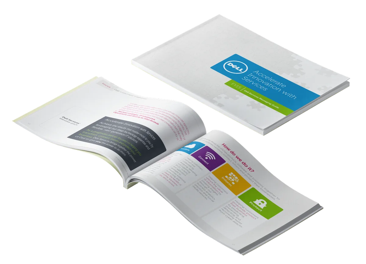 The printed Dell Services messaging guide, cover and an open spread