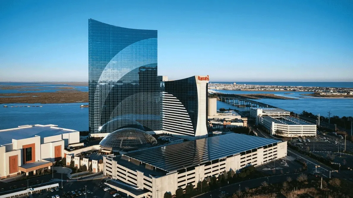 Aerial view of the Harrah's Atlantic City resort towers by the water