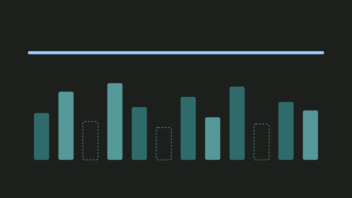 Abstract illustration: a row of teal bars of different heights, three of them outlined and fading to show spend removed, while a light-blue line above them stays level.